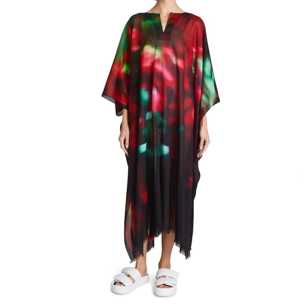 Dries Van Noten One Size Blurry Print Cartland Kaftan Designer Cotton Frayed